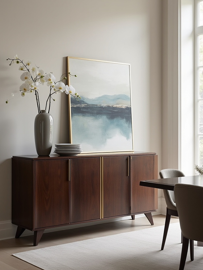Elegant dark wood buffet sideboard in a modern dining room, styled with white orchids and fine china, offering sophisticated storage solutions.