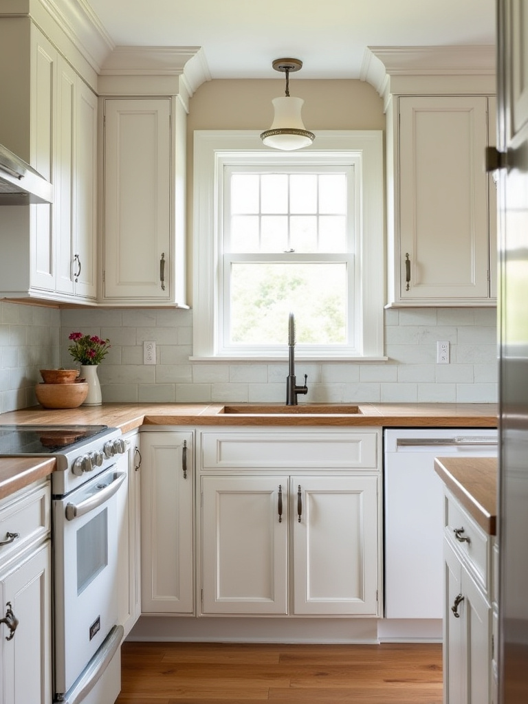 Farmhouse kitchen with white oak integrated appliance panels creating a seamless cabinet look.