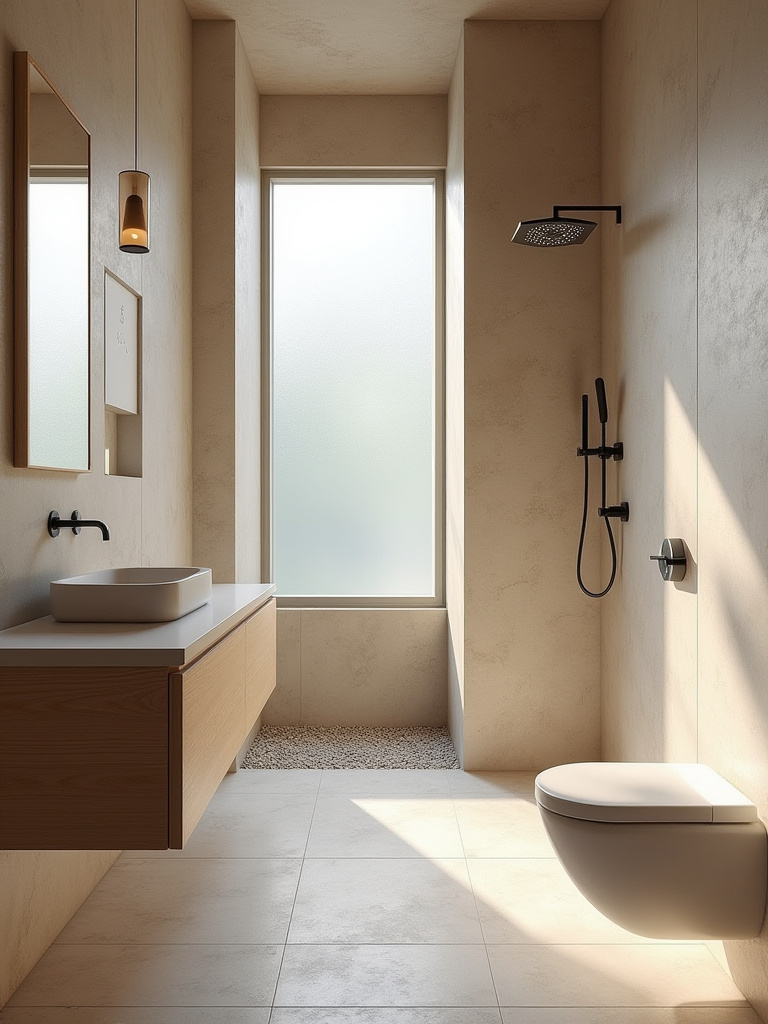 Modern bathroom with a floating wooden vanity, a large honed limestone accent wall, and a pebble tile shower floor, showcasing natural elements and warmth.