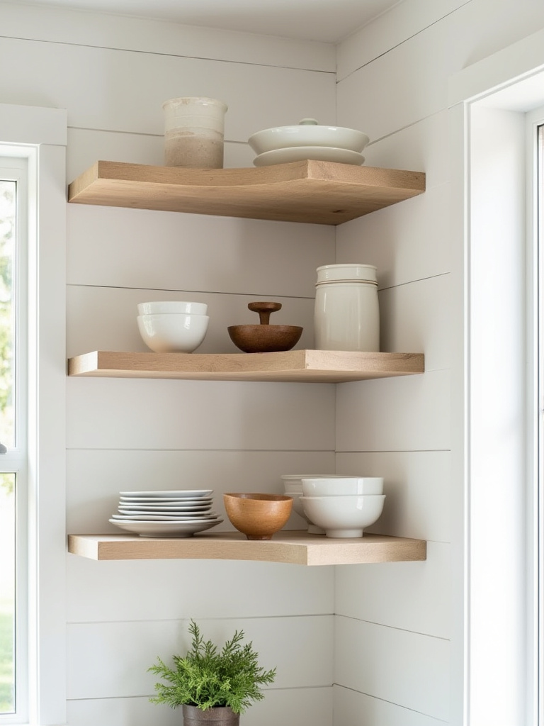 Farmhouse kitchen with light wood open shelving displaying white ceramics and glassware, enhancing the bright and airy feel of the room.