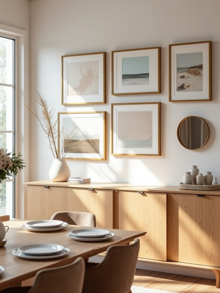 Portrait image of a coordinated dining room with a gallery wall featuring abstract art, a gold mirror, and woven wall hanging above a wooden credenza, embodying stylish dining room wall decor.