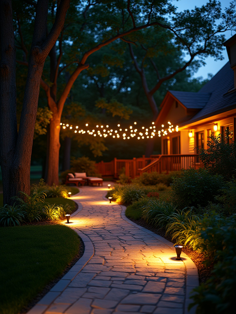 A tranquil backyard at dusk featuring strategically placed outdoor lighting, including path lights, uplights on trees, and string lights, creating a safe and inviting atmosphere.