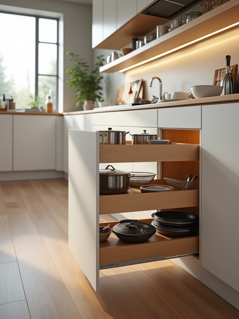 A deep kitchen base cabinet with multiple pull-out shelves fully extended, showcasing perfectly organized pots, pans, and kitchen supplies with clear visibility and easy access.