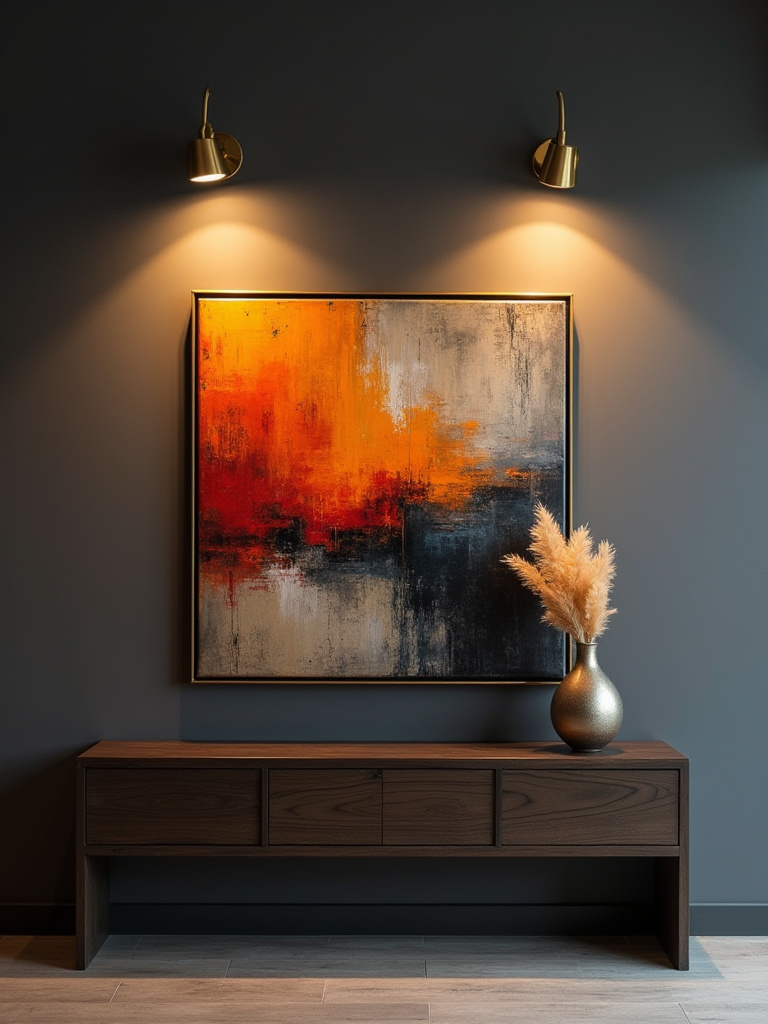 Vibrant abstract painting on a charcoal wall illuminated by two sleek brass picture lights above a dark wood console in a contemporary living room.