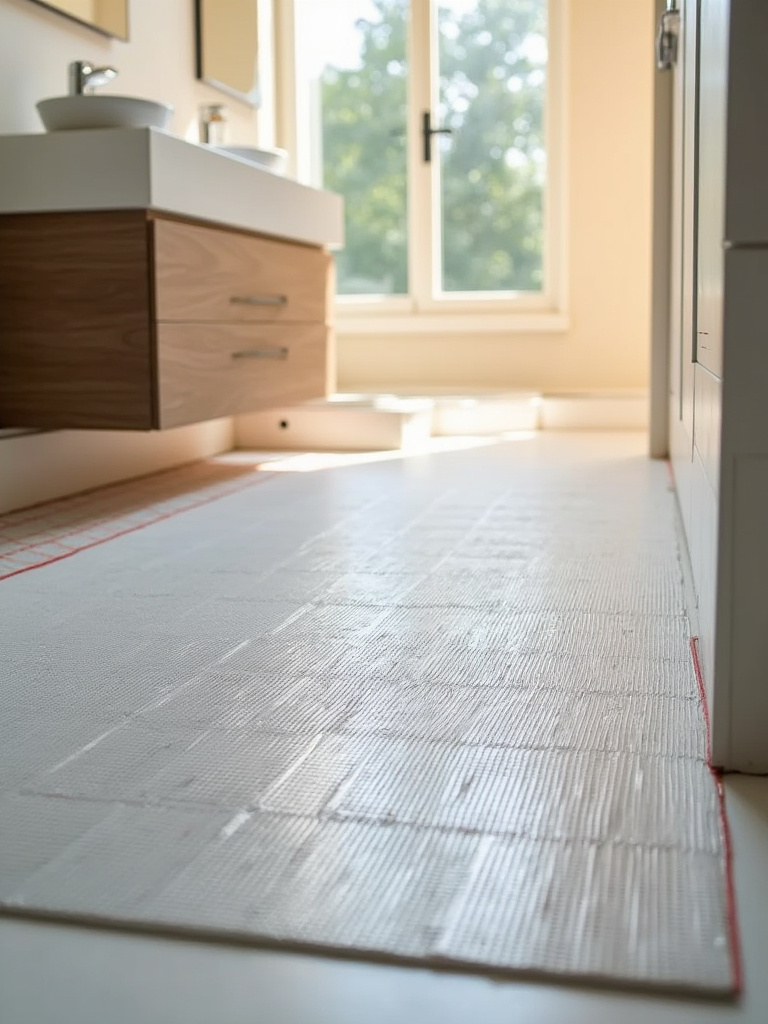 Installation of radiant electric floor heating mats laid out on a bathroom subfloor before tile, demonstrating the setup for ultimate comfort.