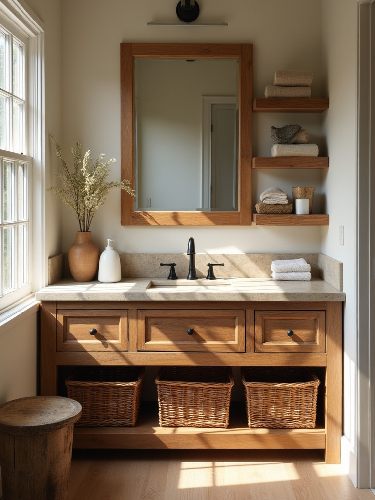 Farmhouse bathroom with reclaimed wood vanity, natural stone countertop, and wicker storage