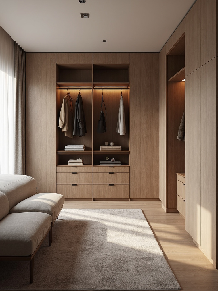 Luxurious bespoke wardrobe wall with integrated storage in a luxury bedroom