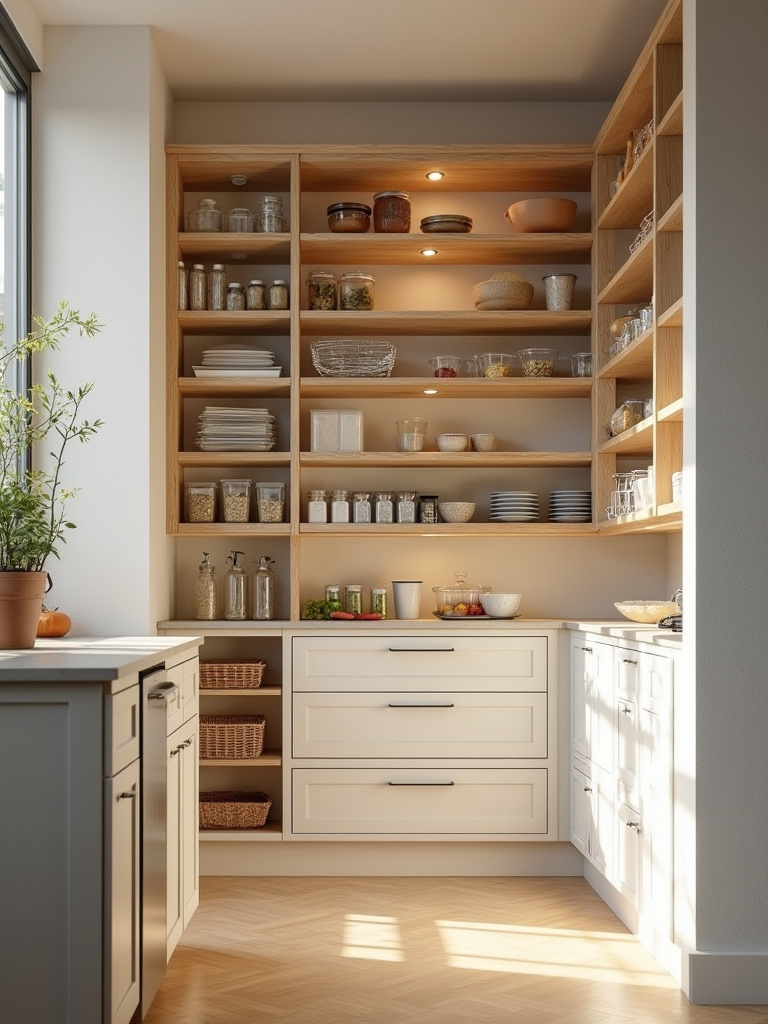 Portrait of a modern pantry with accessible organization systems and clear containers