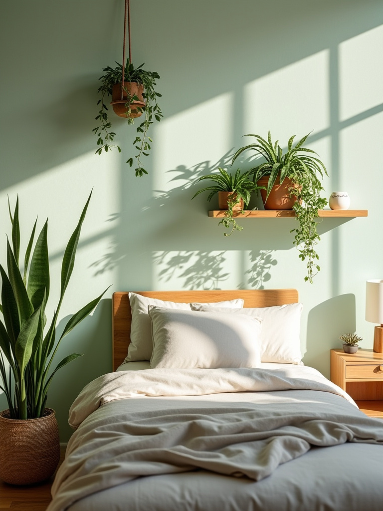 Bedroom corner with greenery from low-maintenance indoor plants on shelf and nightstand
