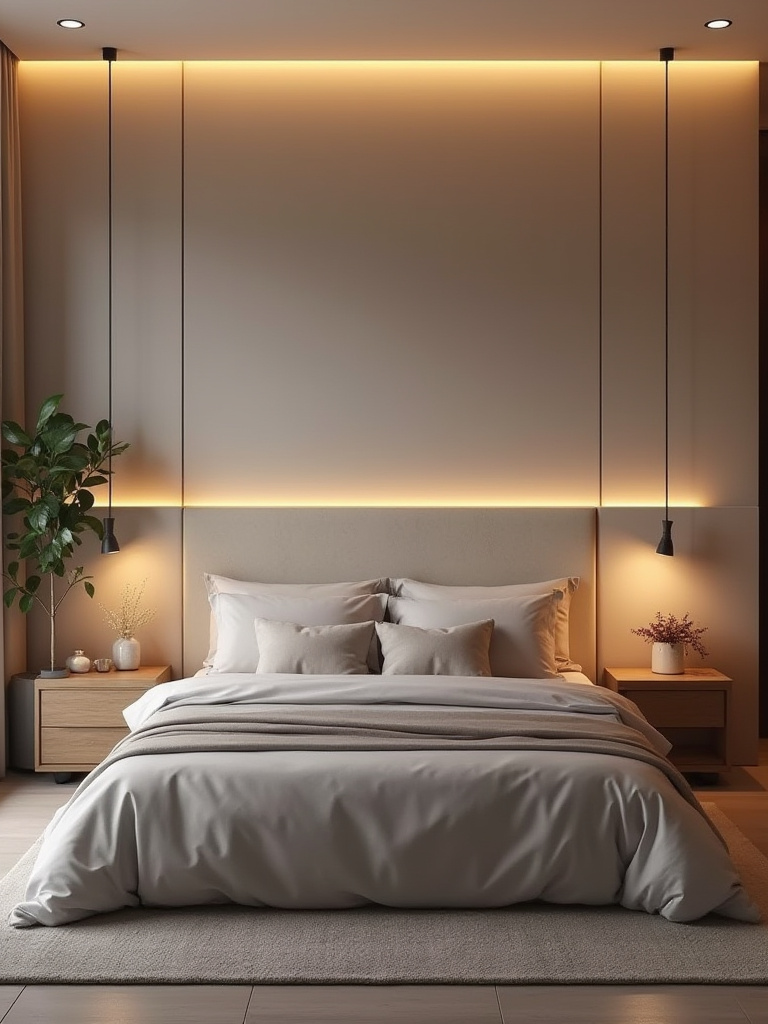 Modern bedroom with layered lighting and dimmable fixtures highlighting ambient, task, and accent layers.
