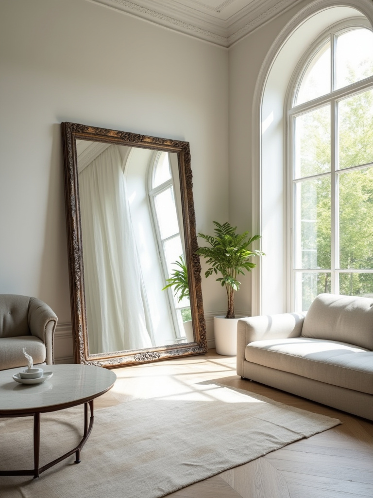 A bright and airy living room with a large, ornate framed mirror reflecting natural light from an opposite window, making the room appear more spacious.