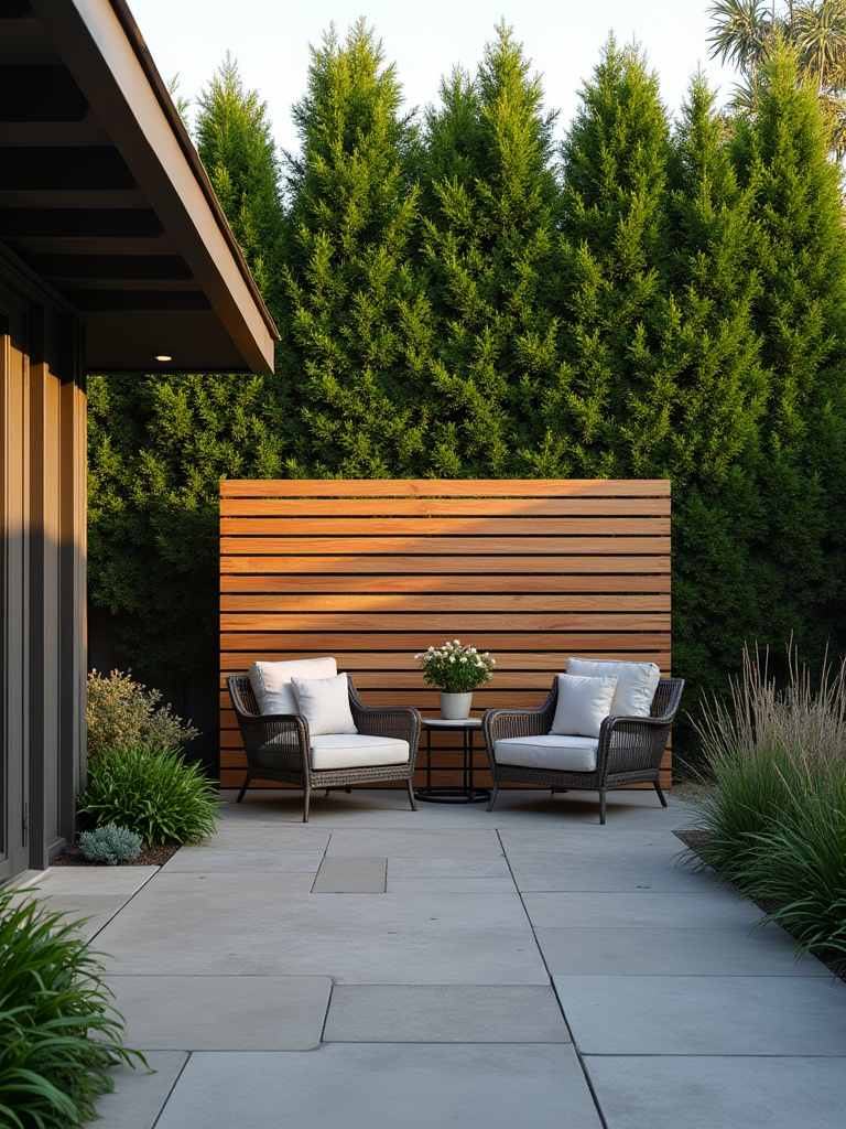 A cozy backyard patio featuring a dense evergreen hedge and a stylish wooden slatted privacy screen, creating a secluded and private outdoor living area. The scene includes comfortable outdoor furniture and soft string lights, indicating an inviting atmosphere for evening relaxation.