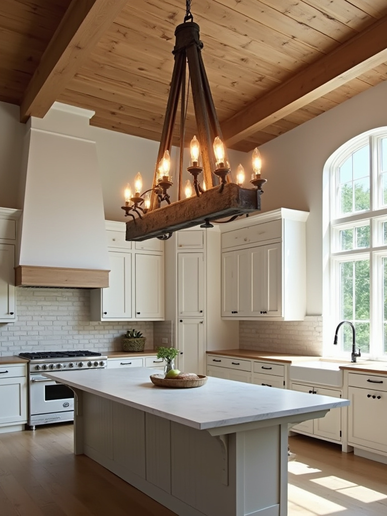 A rustic wrought iron and distressed wood chandelier with exposed Edison bulbs hanging centrally over a large kitchen island in a spacious farmhouse kitchen, serving as a dramatic focal point.