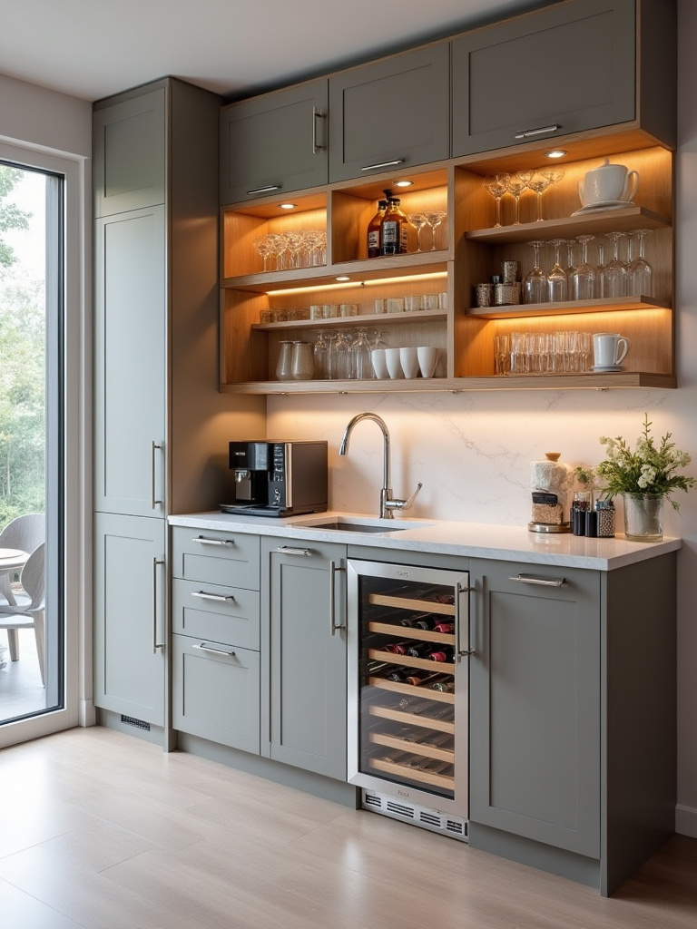 Modern kitchen bar with integrated beverage center and coffee/wine station