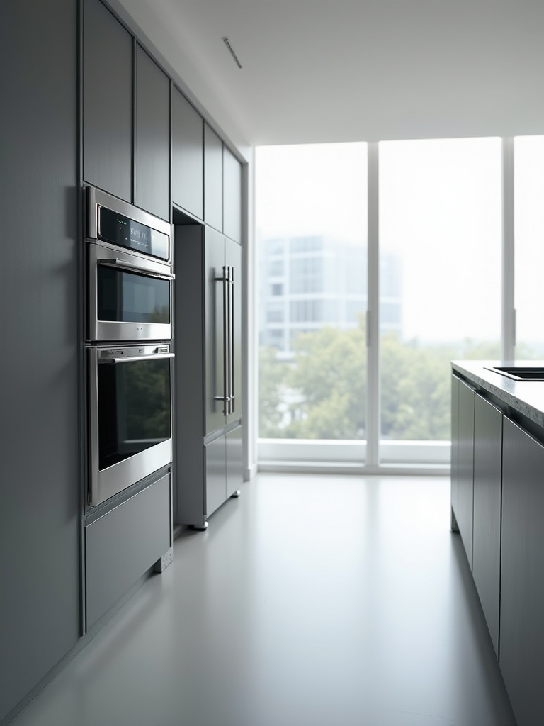 Modern kitchen featuring sleek, integrated smart appliances like an oven and refrigerator, optimized for functionality and efficiency.