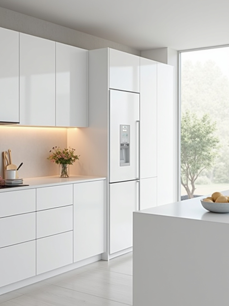 Portrait view of a white kitchen showcasing integrated smart home tech and ambient lighting