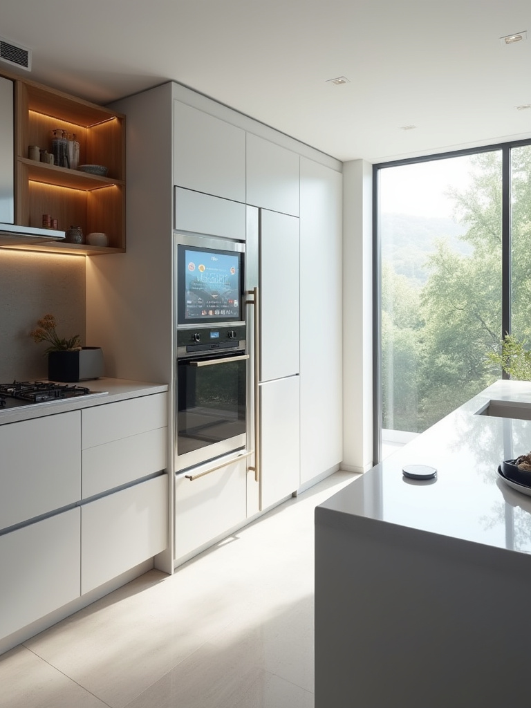 Modern kitchen with integrated smart home technology, featuring a smart refrigerator, oven, and display for streamlined operations.