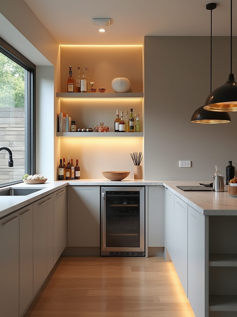 Portrait of a modern kitchen bar with integrated under-bar storage and concealed drawers
