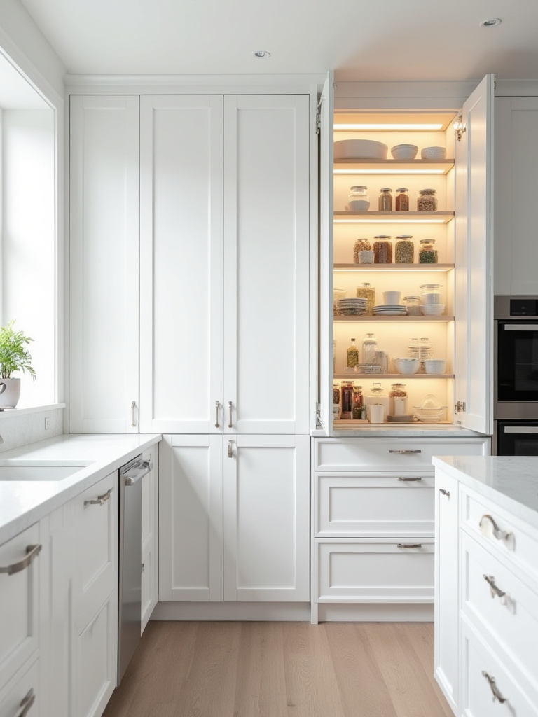 Portrait of a white kitchen with integrated smart storage and clutter-free cabinets