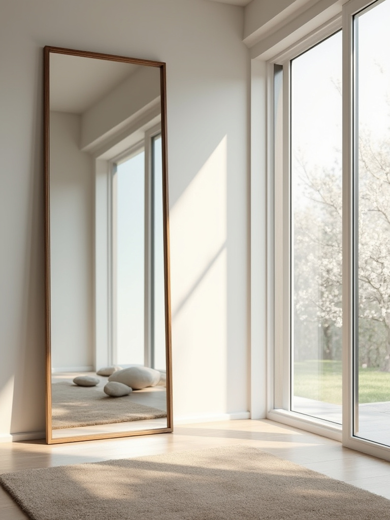 A well-lit modern bedroom featuring a large, elegant mirror strategically placed to reflect natural light from a window and enhance the perception of spaciousness, making the room appear larger and brighter.
