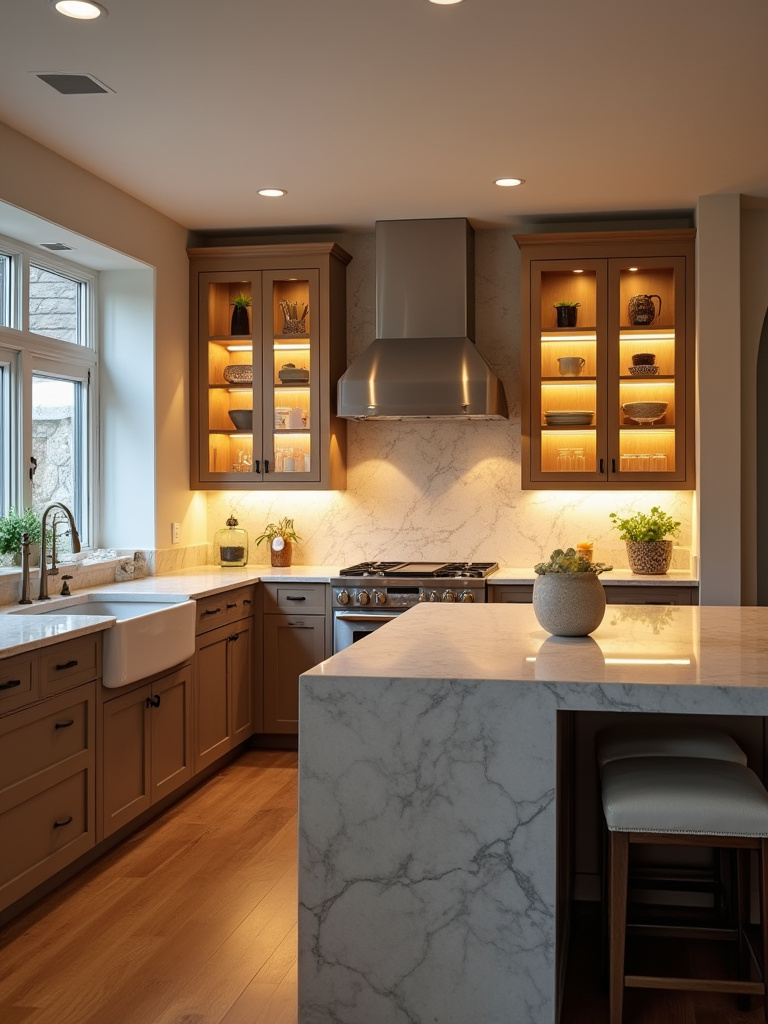 Kitchen with layered lighting: ambient, task, and accent