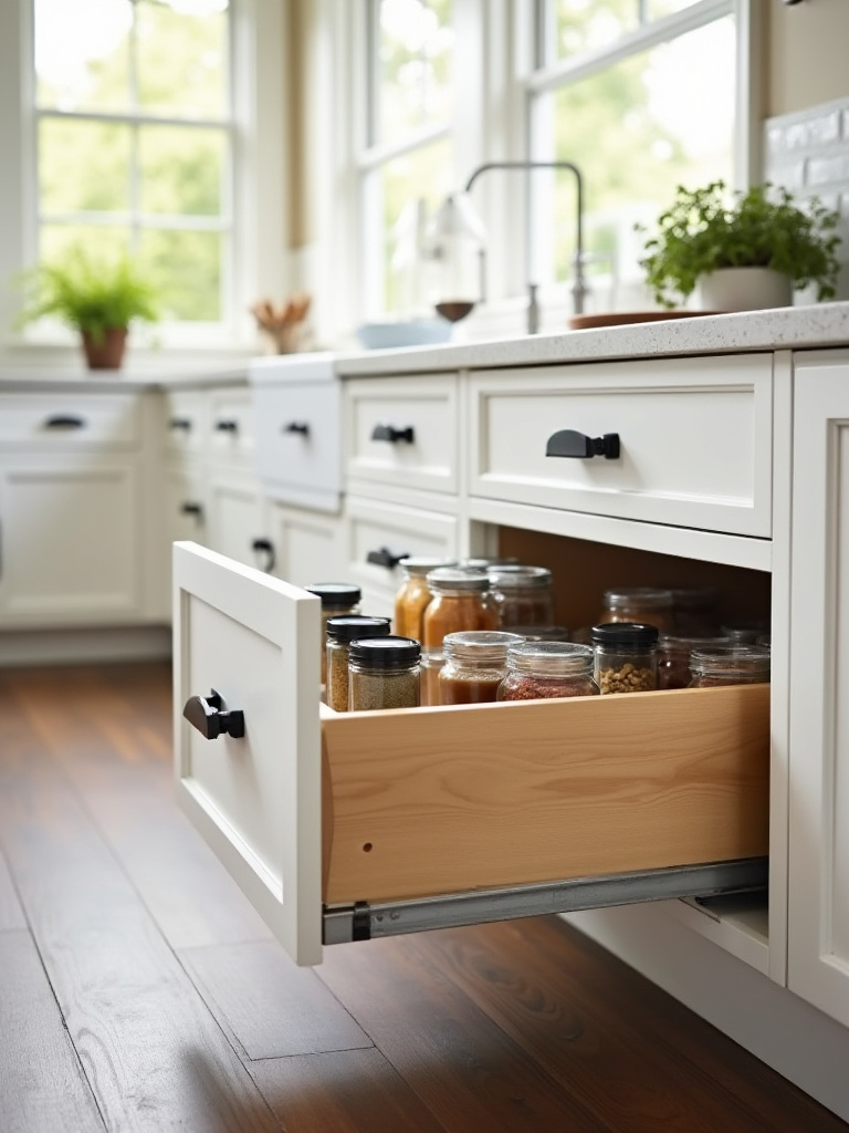White farmhouse kitchen cabinet with an open, full-extension pull-out pantry drawer showcasing organized dry goods and spices, blending rustic style with contemporary function.