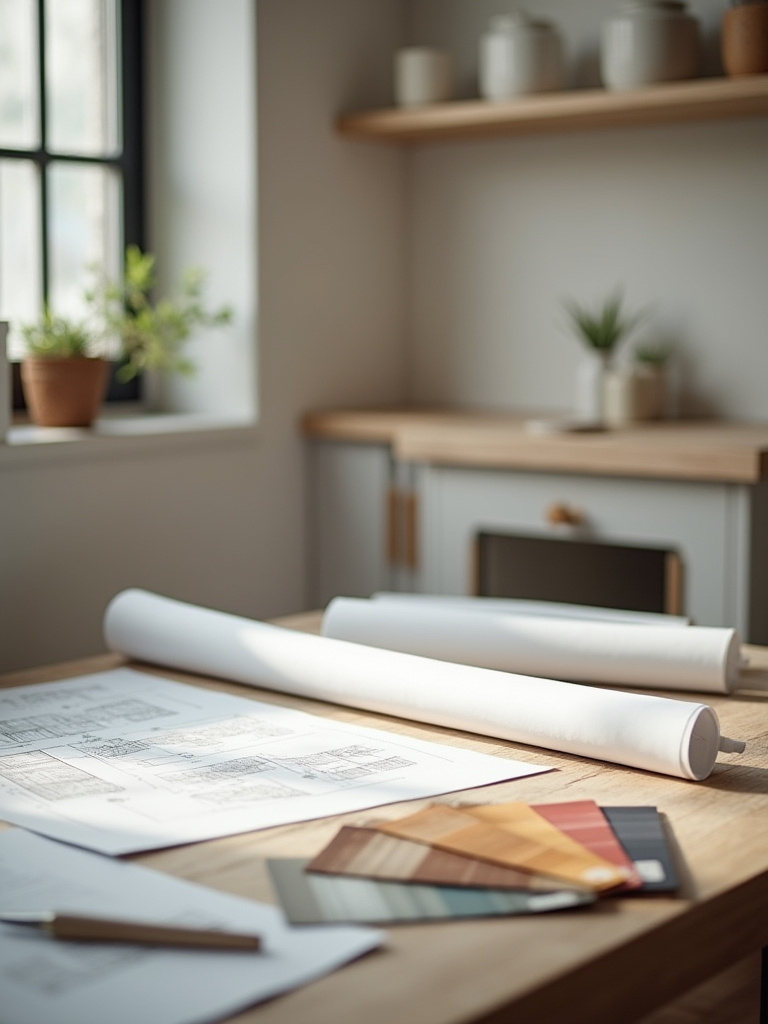 Portrait planning scene for kitchen renovation contractor vetting (no people; plans, samples, and materials laid out).