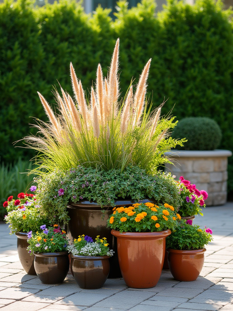 A close-up, vibrant container garden featuring diverse flowering plants and foliage in stylish ceramic pots on a patio, bathed in soft morning light.