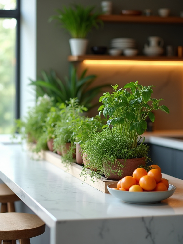 Portrait view of a modern kitchen bar with greenery and fresh elements