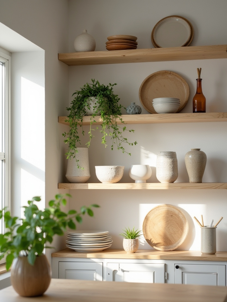 Thoughtfully decorated open kitchen shelving featuring ceramic dishes, a plant, and artisan pottery, adding personality to a modern kitchen design.