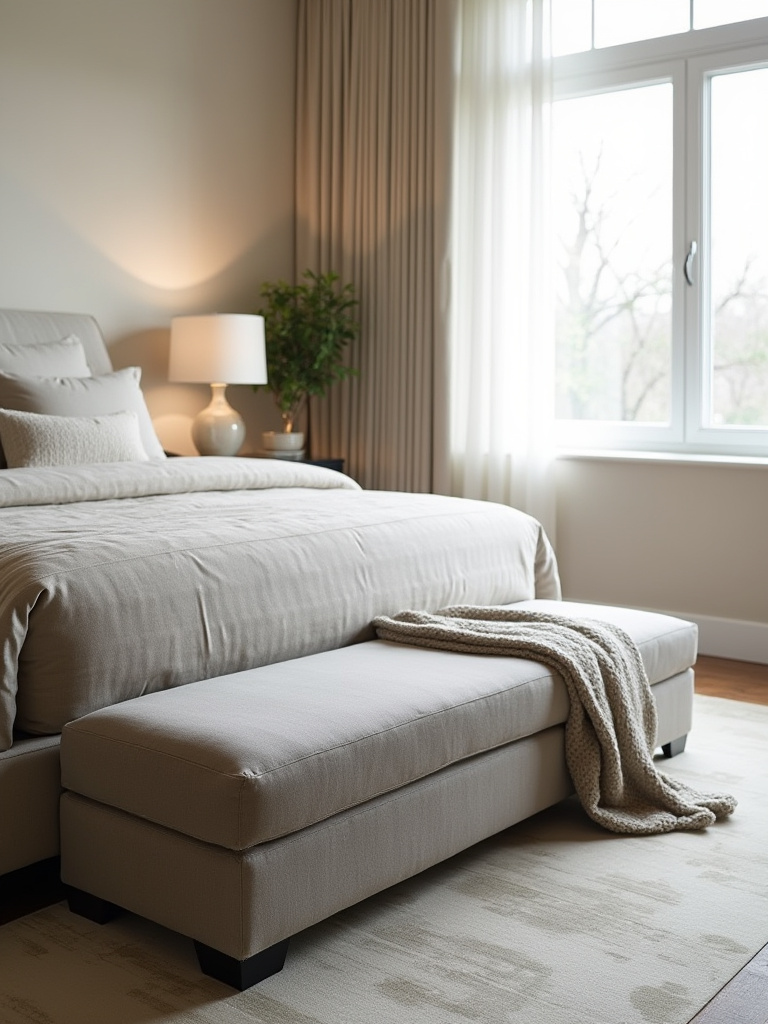 Upholstered bench at the foot of a modern bed, showcasing practical bedroom seating for added functionality.