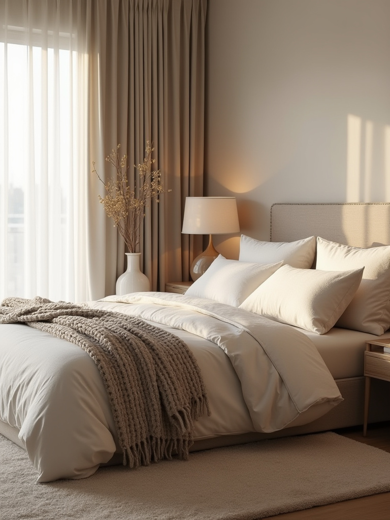 Modern bedroom with layered textures showing depth and warmth