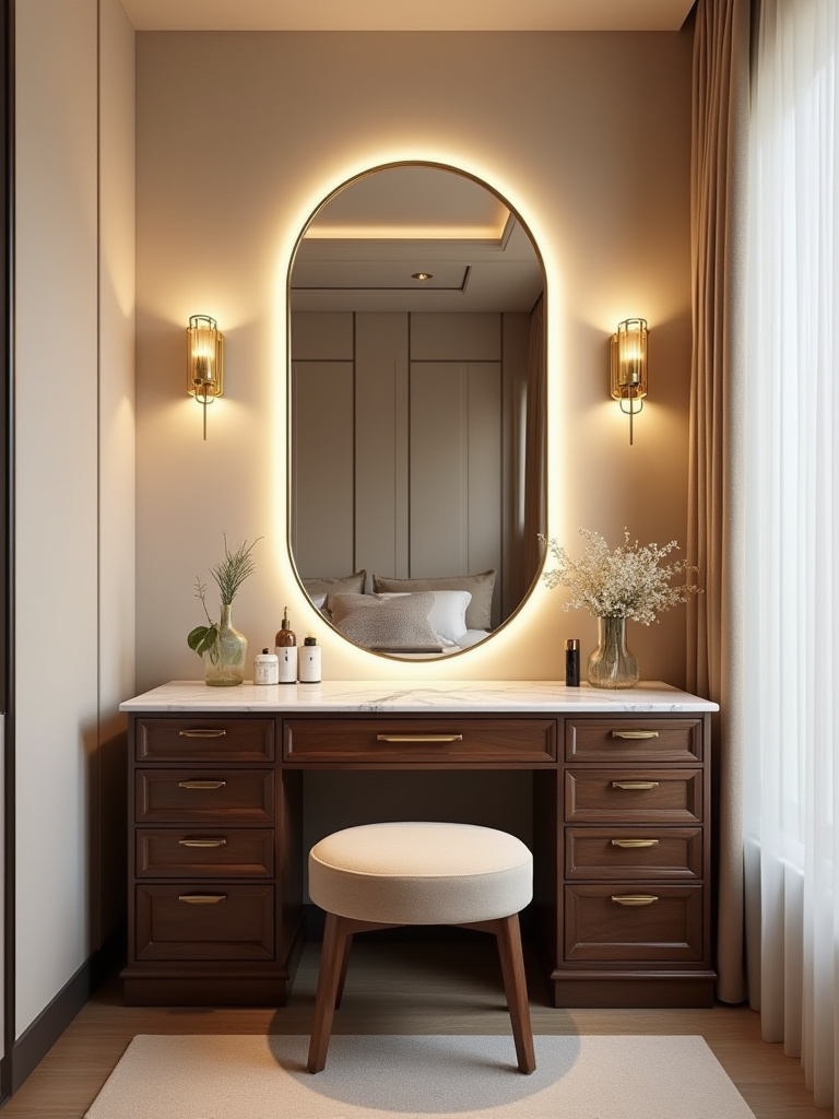 Luxurious vanity dressing table in a luxury bedroom with warm lighting