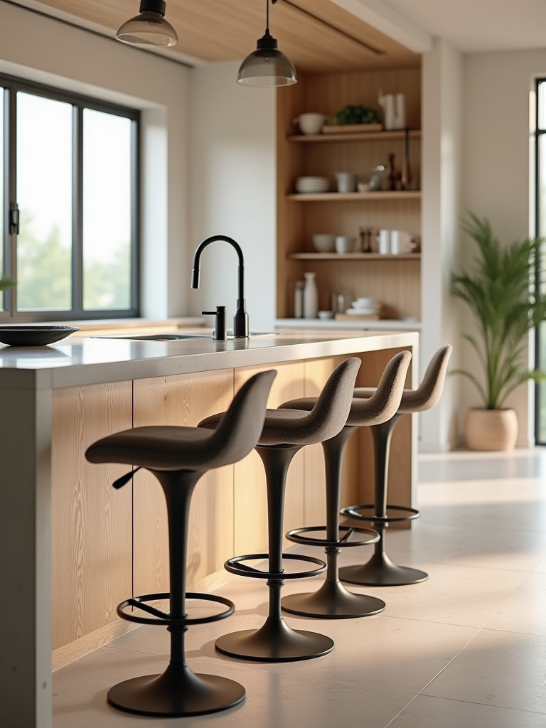 Portrait of a modern kitchen bar with ergonomic, comfortable bar stools