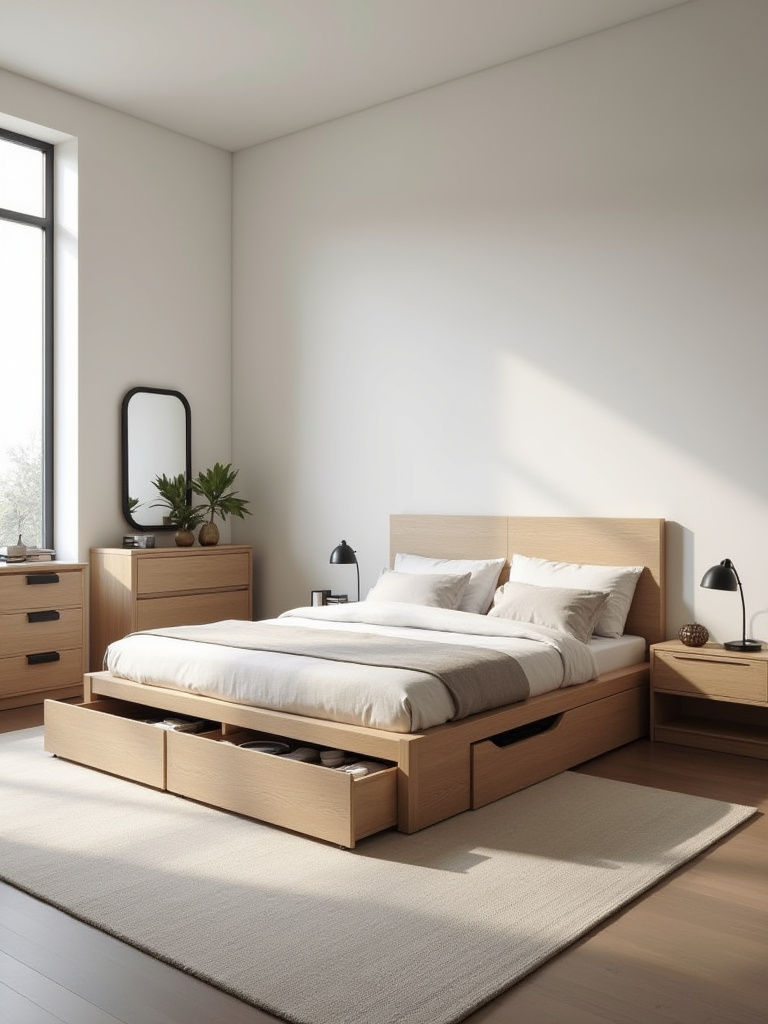 Modern bedroom with clean-lined furniture and sleek finishes in a serene, uncluttered setting