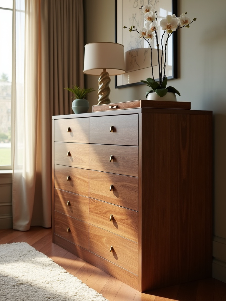 Luxurious dresser and tall chest in a serene luxury bedroom