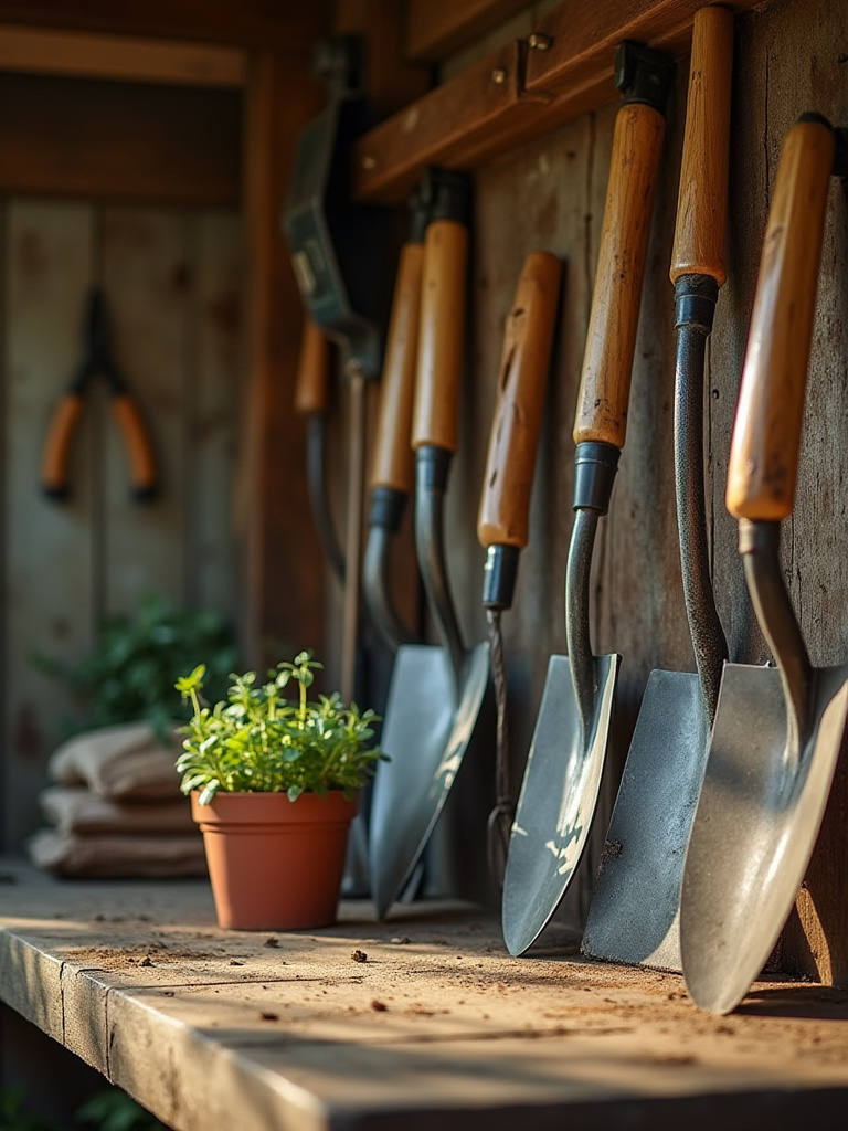 Organized garden shed with high-quality, well-maintained gardening tools, showing efficient backyard maintenance