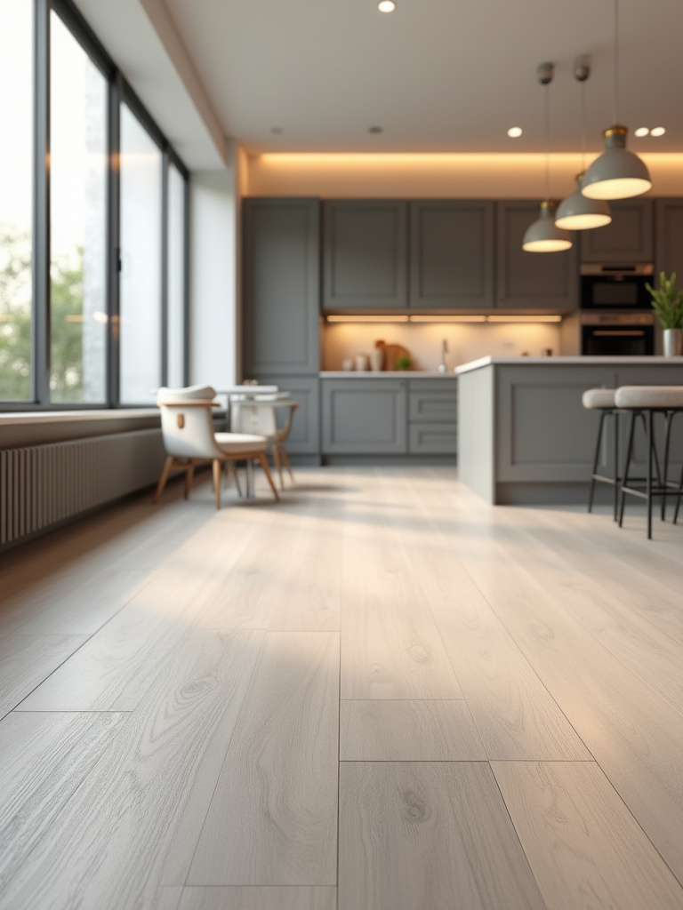 Portrait of a modern kitchen featuring durable, aesthetically pleasing flooring