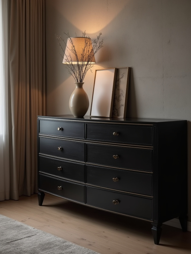 High-quality black wooden dresser in a bedroom setting, demonstrating a wise investment in durable, stylish black furniture.