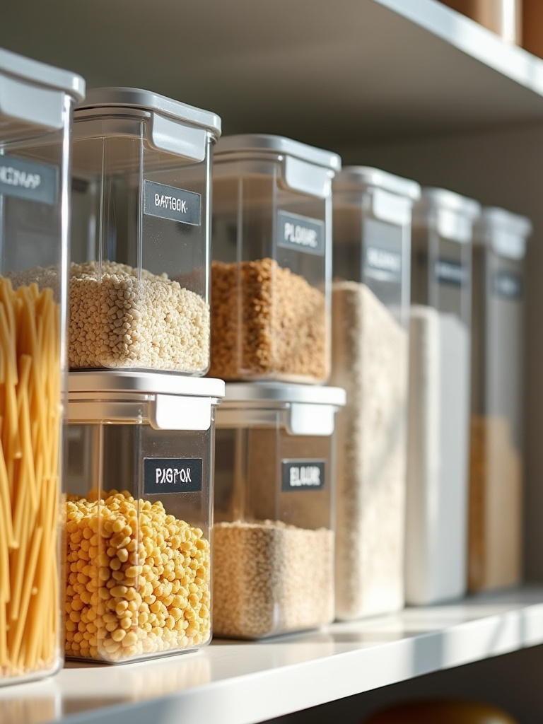 Highly organized kitchen pantry featuring clear, uniform containers filled with dry goods such as pasta, flour, and grains, each clearly identified with sleek, durable kitchen organization labels. The scene is brightly lit, emphasizing order and clarity.