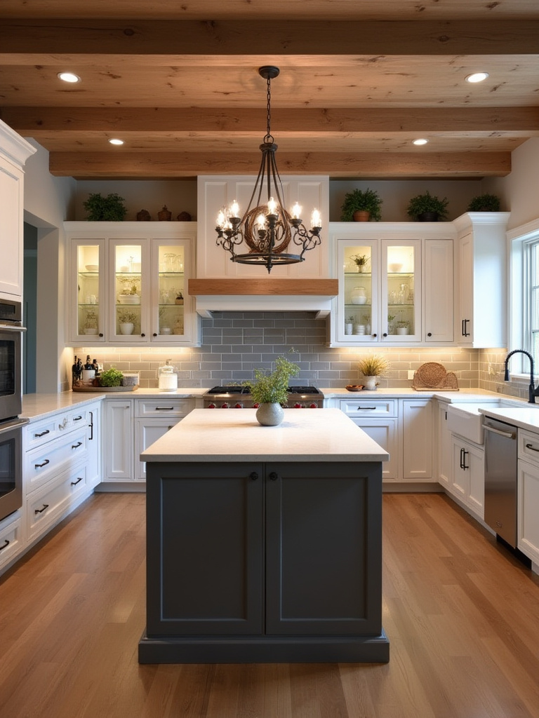 A sophisticated farmhouse kitchen illuminated with layered lighting, featuring recessed ceiling lights, elegant island pendants, under-cabinet strip lighting, and accent lights inside glass-front cabinets.