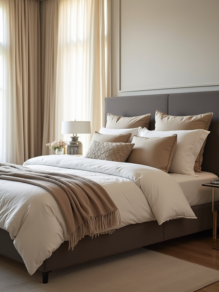 Luxurious bed with multiple layered textiles in a neutral palette