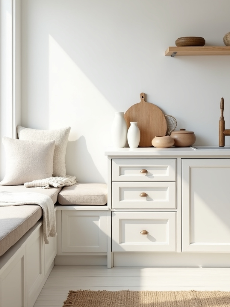 Portrait-style shot of a white kitchen showing layered textures with textiles, seating, and decor.