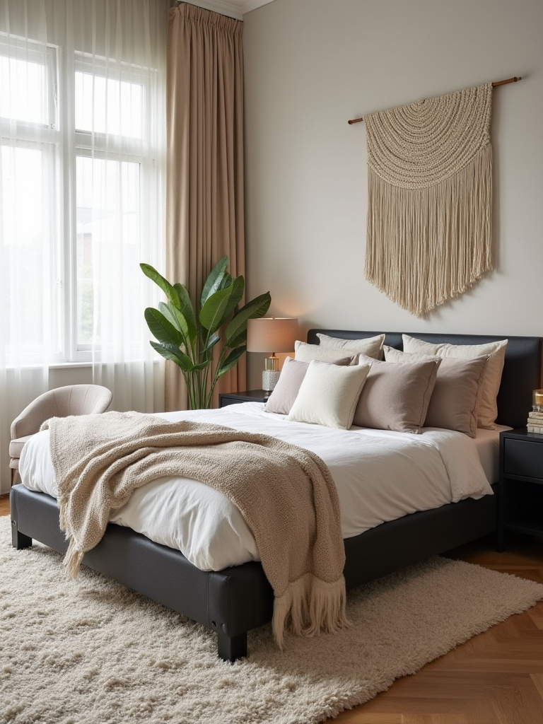 Bedroom featuring a black bed frame softened by a cream Moroccan rug, layered white linen duvet, cable-knit throw, and silk and faux fur pillows, creating a cozy and luxurious feel. Macrame wall hanging and linen curtains add extra texture.