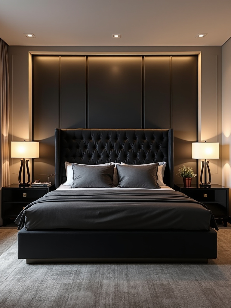 Elegantly lit black bedroom furniture, showcasing enhanced depth and texture through strategic lighting, reflecting on dark surfaces.