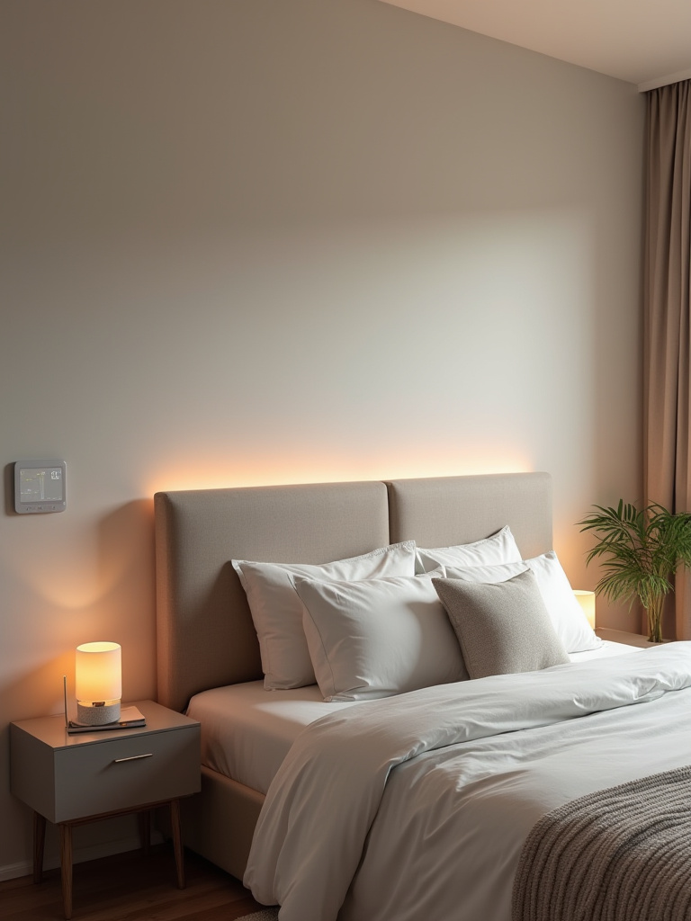 Portrait view of a modern bedroom with integrated smart home tech and ambient lighting