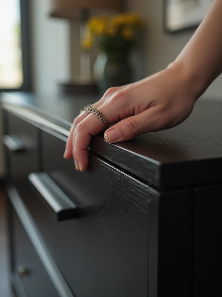 Close-up of a hand inspecting the smooth, lustrous black finish of a modern dresser drawer, checking for imperfections to assess furniture quality and craftsmanship.