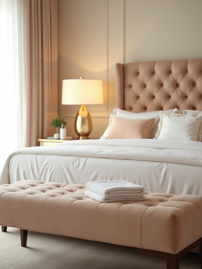 Portrait of a luxury bedroom with pristine fabric upholstery and care-ready scene