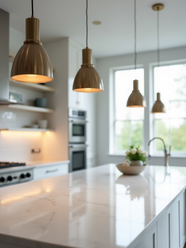 Portrait view of a modern kitchen with pristine pendant lights over a clean island.