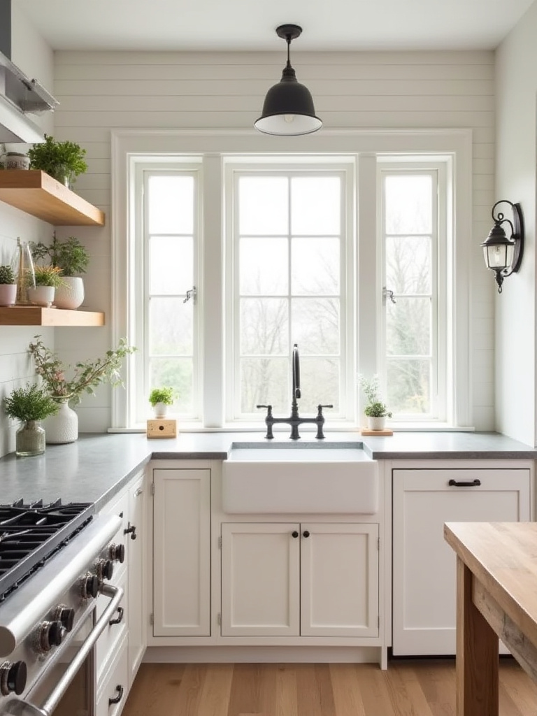 A professional image showing a detailed lighting zone plan on a farmhouse kitchen counter, illustrating distinct areas for task, ambient, and accent lighting around an island, sink, and open shelves.